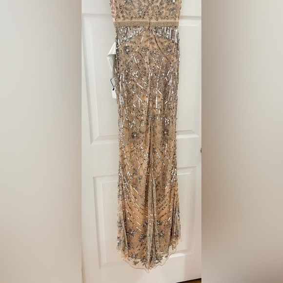 Mac Duggal 4715 Military Style Beaded sequin Fringe Sheath Gown Platinum - Picture 15 of 15